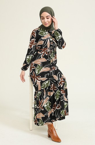 Desenli Büzgülü Elbise 1005-02 Siyah Haki