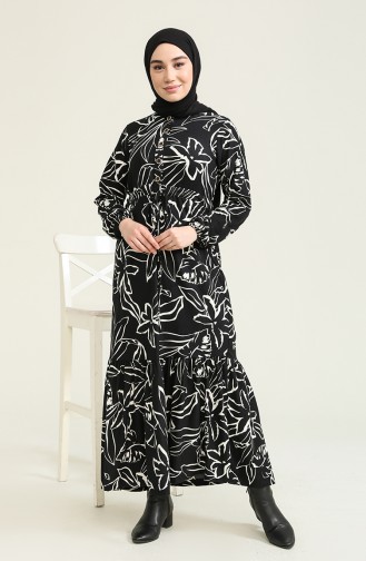 Desenli Büzgülü Elbise 1005B-01 Siyah