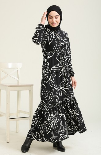 Desenli Büzgülü Elbise 1005B-01 Siyah