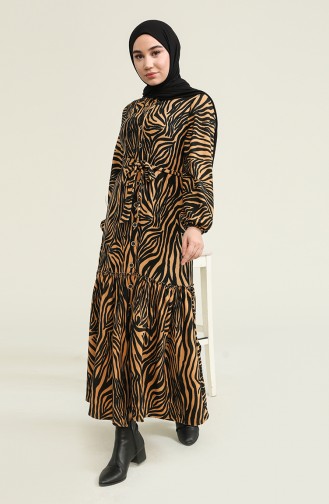 Zebra Desenli Elbise 1004B-01 Siyah Camel