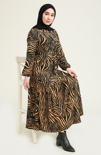Zebra Desenli Elbise 1004B-01 Siyah Camel