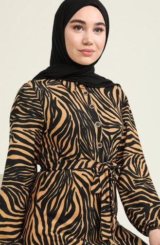 Zebra Desenli Elbise 1004B-01 Siyah Camel