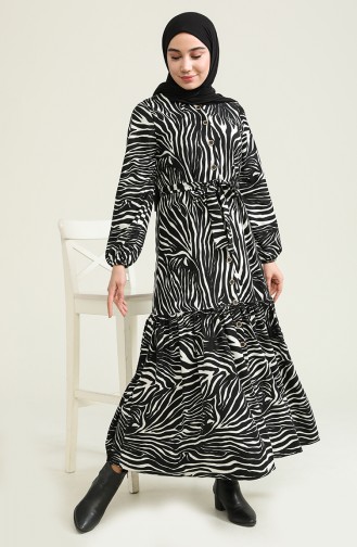Zebra Desenli Elbise 1004B-02 Siyah Beyaz