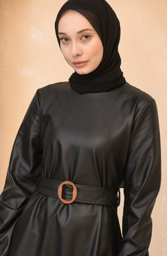Kolu Lastikli Deri Elbise 5010-02 Siyah