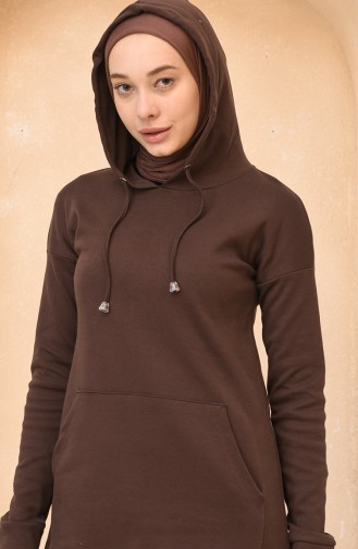 Kapüşonlu Kanguru Cepli Basic Spor Kahve Sweatshirt 10369-04