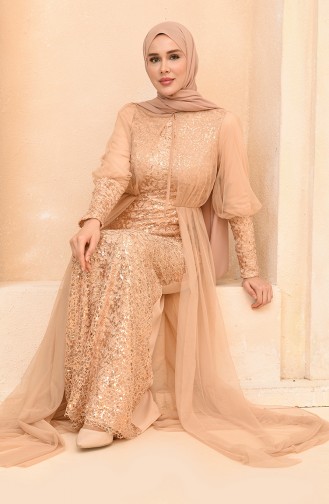 Beige Hijab Evening Dress 5346-19