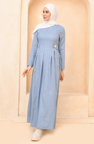 Pile Detaylı Beli Kuşaklı Elbise 3359-03 Bebe Mavisi