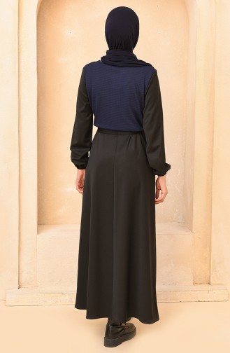 Kuşaklı Elbise 1454-02 Siyah Lacivert