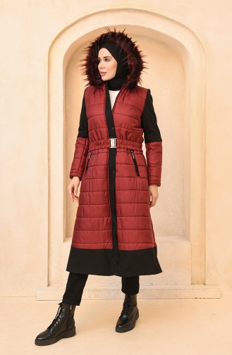 Kürklü Kemerli Kapitone Mont 4055-03 Bordo