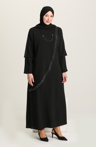 Büyük Beden Taş İşlemeli Kolyeli Elbise 2048-01 Siyah