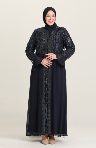 Navy Blue Hijab Evening Dress 6372-02