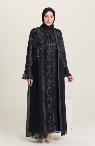 Navy Blue Hijab Evening Dress 6372-02