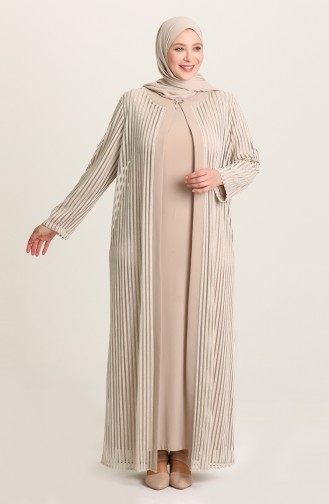 Beige Hijab Evening Dress 6376-03