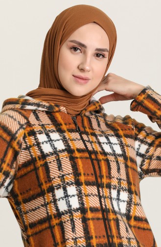 Büyük Beden Ekose Desen Kapüşonlu Kap 6082C-04 Koyu Hardal