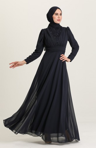 Navy Blue Hijab Evening Dress 5628-02