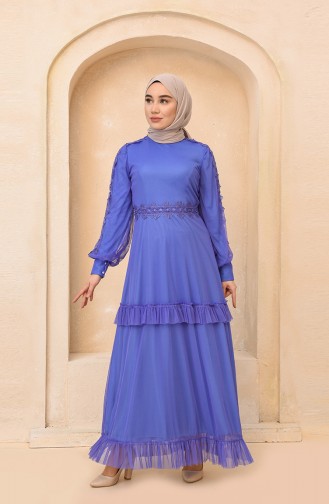 فستان بتفاصيل من الدانتيل 8135-02 لون أزرق 8135-02