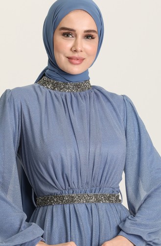 Kemerli Simli Abiye Elbise 5501-10 Mavi