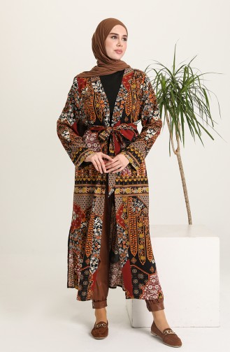 Oyya Etnik Desen Abaya Ferace 228391-01 Siyah Kiremit 228391-01