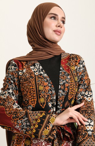 Oyya Etnik Desen Abaya Ferace 228391-01 Siyah Kiremit 228391-01