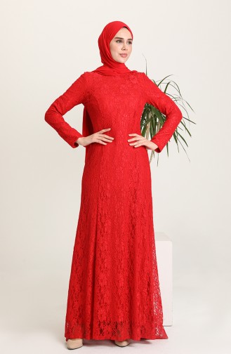 Dantelli Abiye Elbise 1104-01 Kırmızı