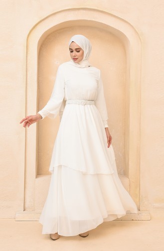 Ecru Hijab Evening Dress 5489-02