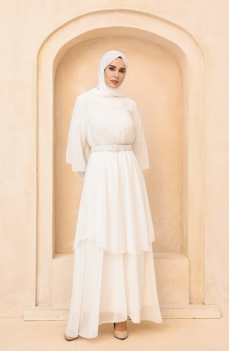 Ecru Hijab Evening Dress 5489-02