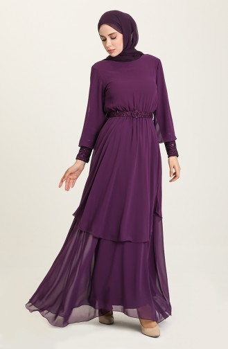Kemerli Dantelli Abiye Elbise 5489-04 Mor