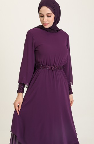 Kemerli Dantelli Abiye Elbise 5489-04 Mor
