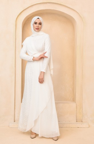 Ecru Hijab Evening Dress 5618-01