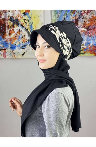 Fularlı Tek Biritli Atkılı Şapka Türban 7ARLKŞPŞL61-01 Siyah