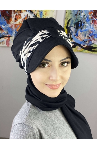 Fularlı Tek Biritli Atkılı Şapka Türban 7ARLKŞPŞL61-01 Siyah