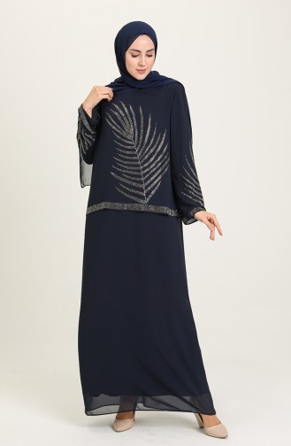 Navy Blue Hijab Evening Dress 6380-04