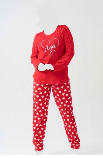 Pamuklu Büyük Beden Uzun Kol Pijama Takım 1070340939 Kırmızı