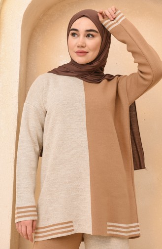 Triko Tunik Pantolon İkili Takım 4385-07 Camel Bej