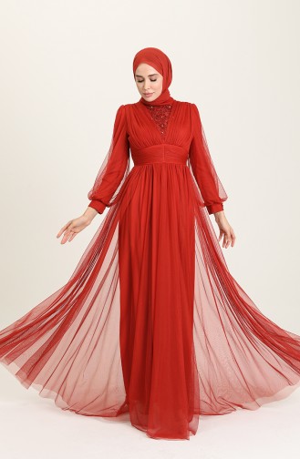 Brick Red Hijab Evening Dress 3403-09