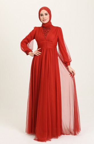 Brick Red Hijab Evening Dress 3403-09