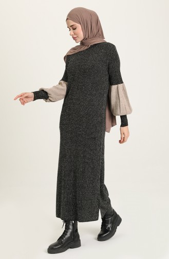 Triko Balon Kol Simli Elbise 8291-03 Siyah
