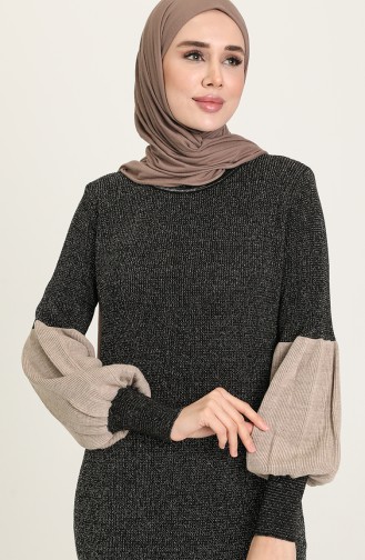 Triko Balon Kol Simli Elbise 8291-03 Siyah