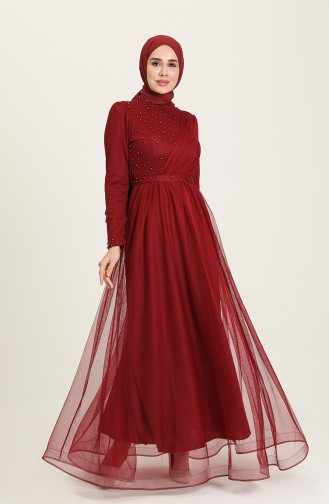 Claret Red Hijab Evening Dress 5664-04