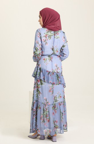 Flower Patterned Chiffon Dress 8221-02 Blue 8221-02