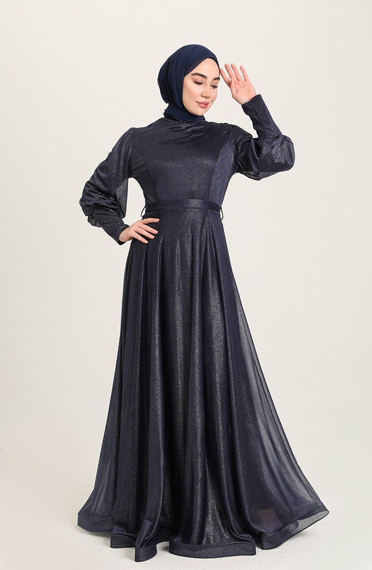 Navy Blue Hijab Evening Dress 5672-05 | Sefamerve