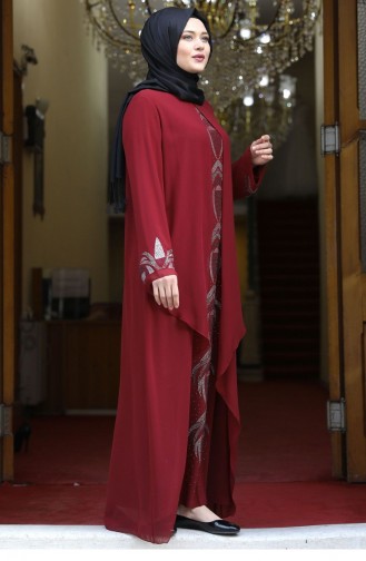 Claret Red Hijab Evening Dress 1902