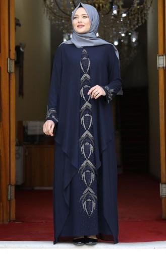 Navy Blue Hijab Evening Dress 1904