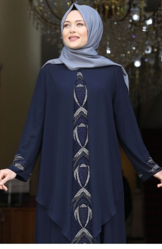 Navy Blue Hijab Evening Dress 1904