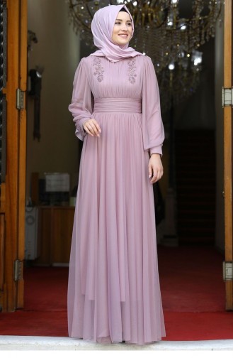 Powder Hijab Evening Dress 2053