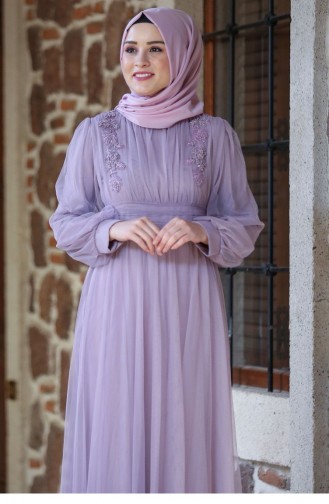 Lavender Color Hijab Evening Dress 2215