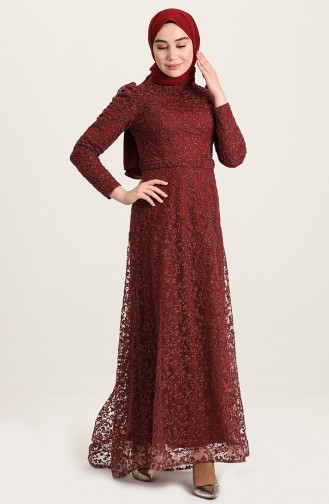 Claret Red Hijab Evening Dress 4934-01