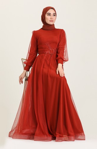 Brick Red Hijab Evening Dress 4949-10