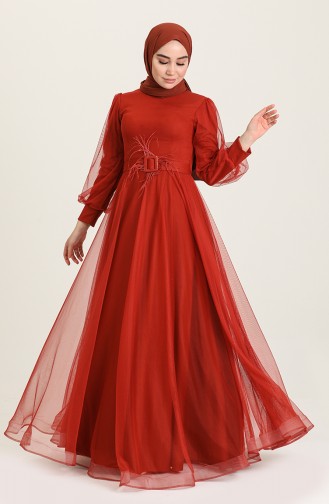 Brick Red Hijab Evening Dress 4949-10