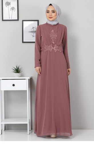 Drape Detay Tesettür Şifon Elbise 10071 3 Gül Kurusu